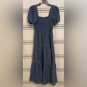Women's Puff-Sleeve Smocked Midi Dress - Navy